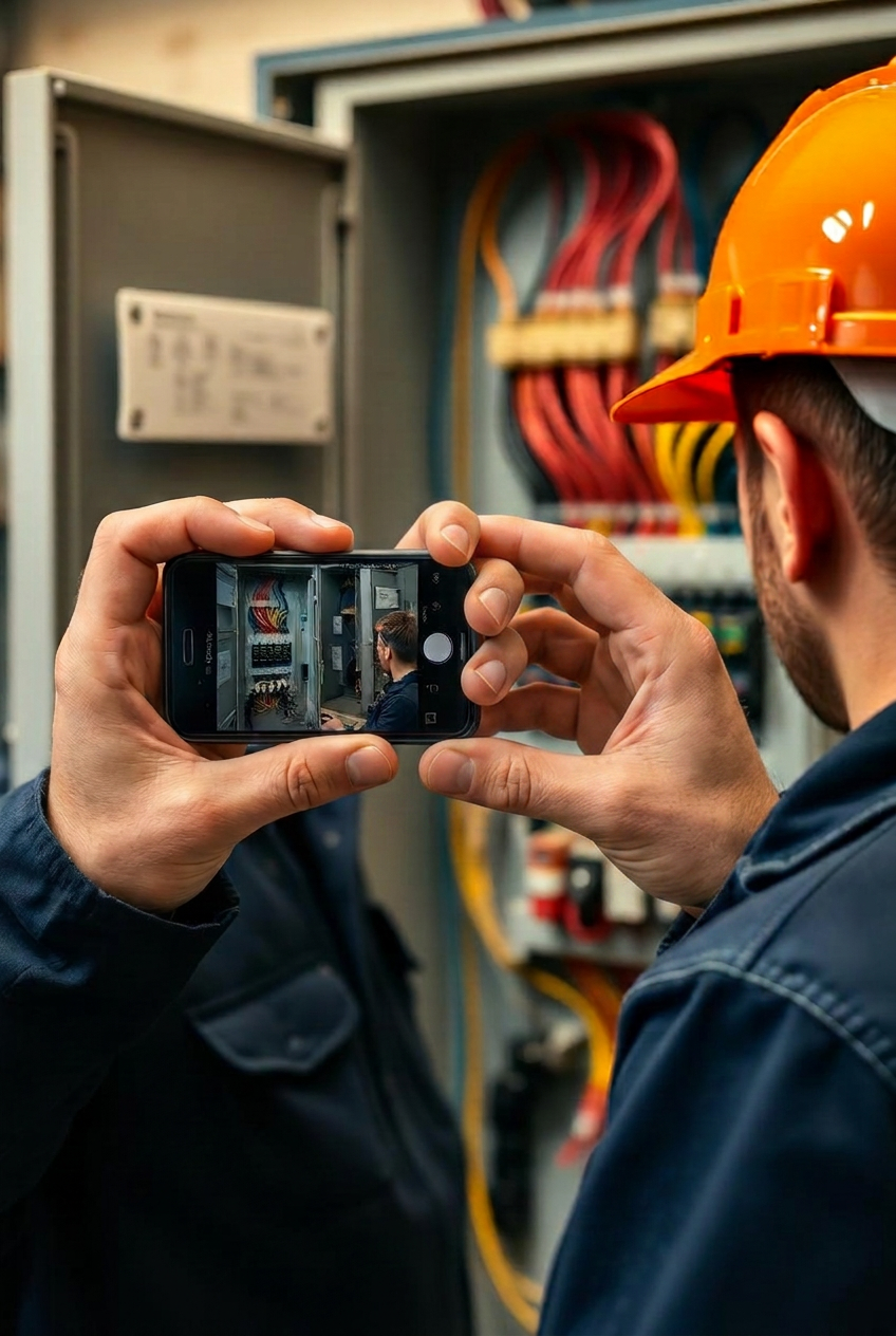 Elektrikerelev fotograferer en el-tavle med sin telefon i værkstedet