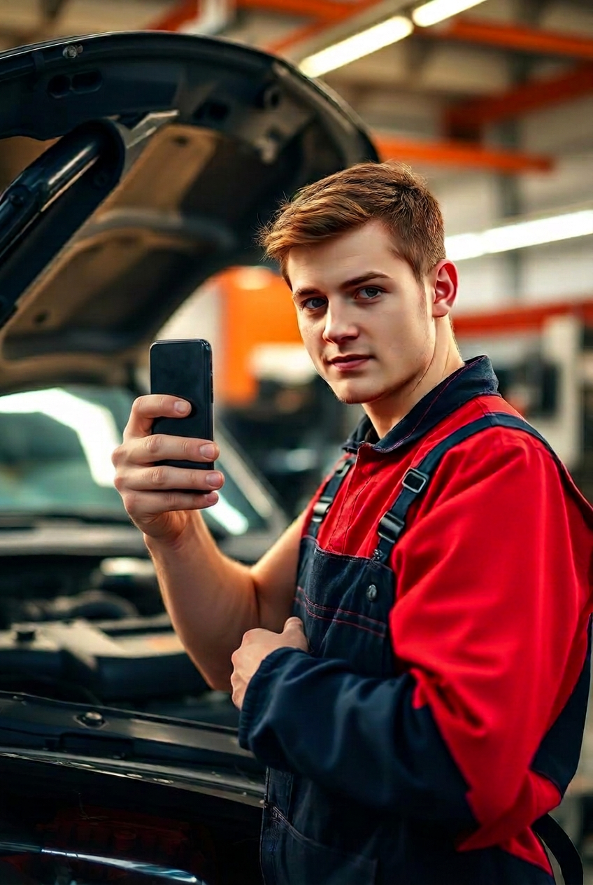 Mekanikerelev fotograferer en motorblok med sin telefon på autoværkstedet